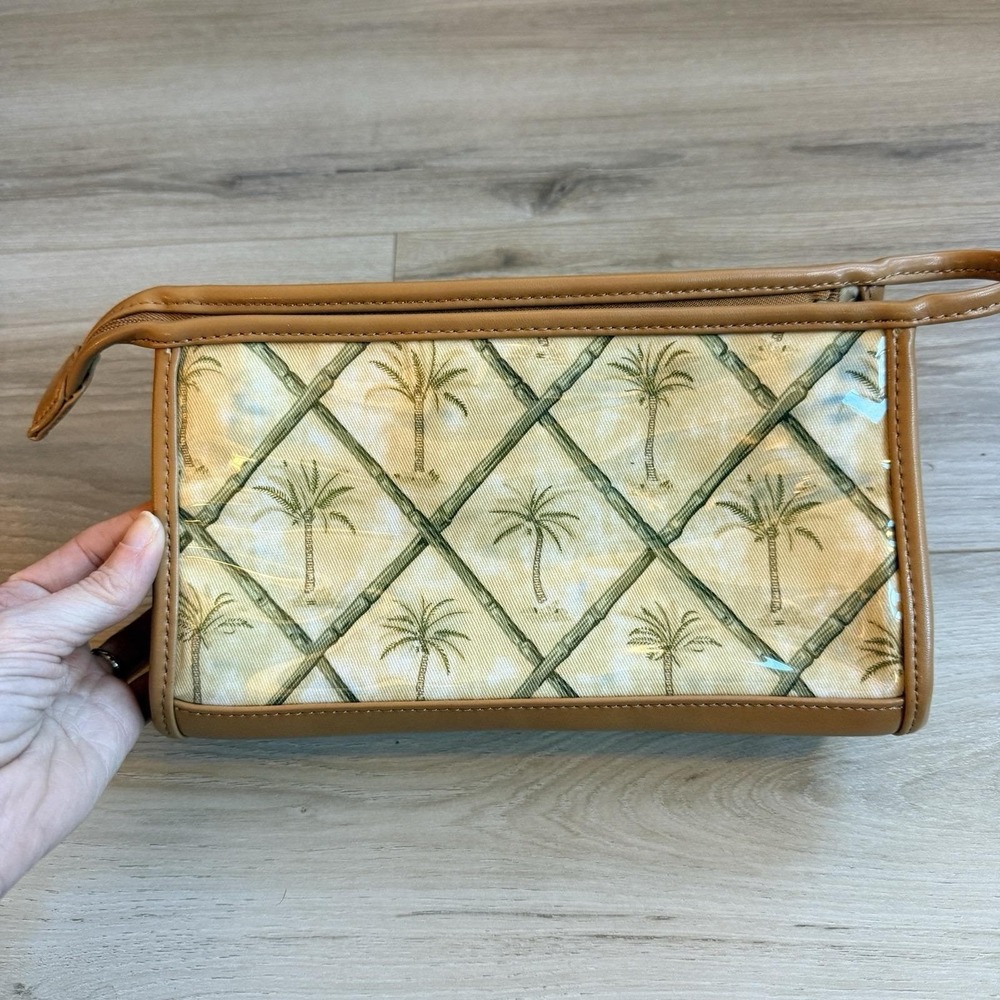 Vintage Tommy Bahama Makeup Bag Zip Travel Case Tan Palm Tree Pattern